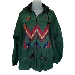Green Aztec Southwest Embroidered Jacket Coat Fall Unique Trendy Guatemala XL